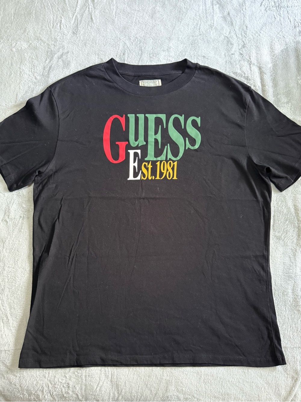 GUESS Black Logo Tee with Red, Green & Yellow Accents